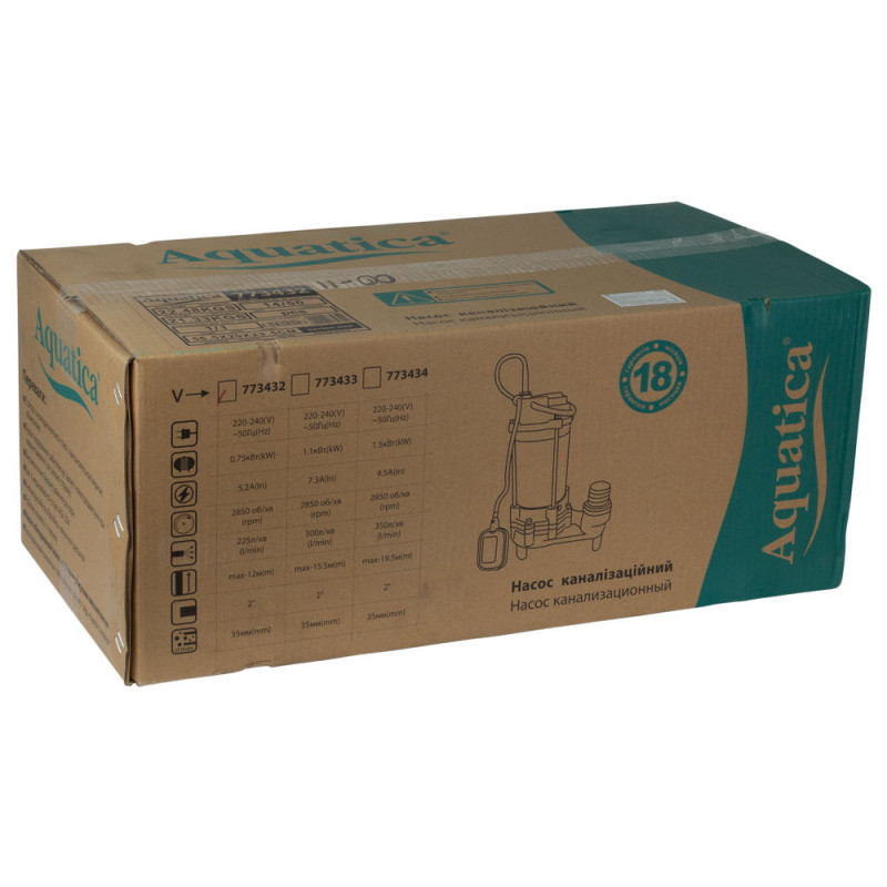 Насос каналізаційний 0.75кВт Hmax 12м Qmax 225л/хв з ножем (нерж) AQUATICA (773432)