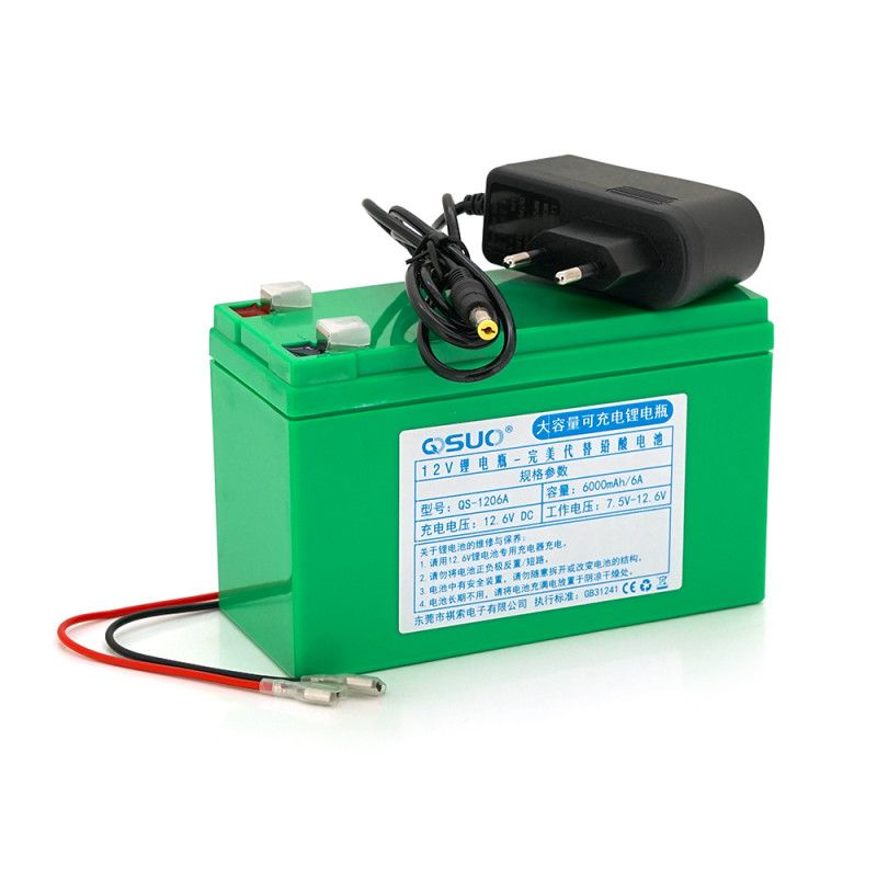 Аккумуляторна батарея літіева QiSuo 12 V 6A с елементами Li-ion 18650  (150X65X94)  вага 605 грамм+ зарядний пристрій 12,6V 1A