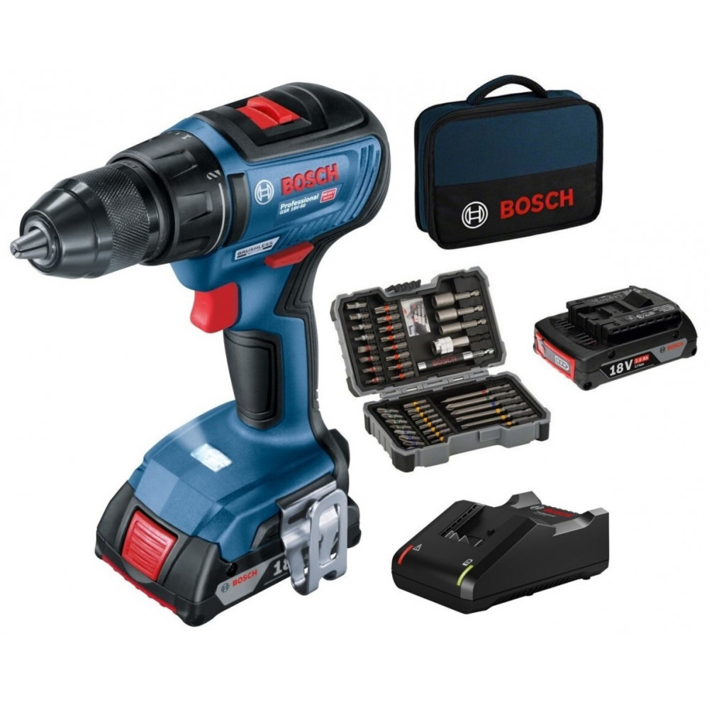Шуруповерт Bosch GSR 18V-50, 2×GBA 18V 2.0Ah + 43 біти + сумка для інструменту (06019H5004)