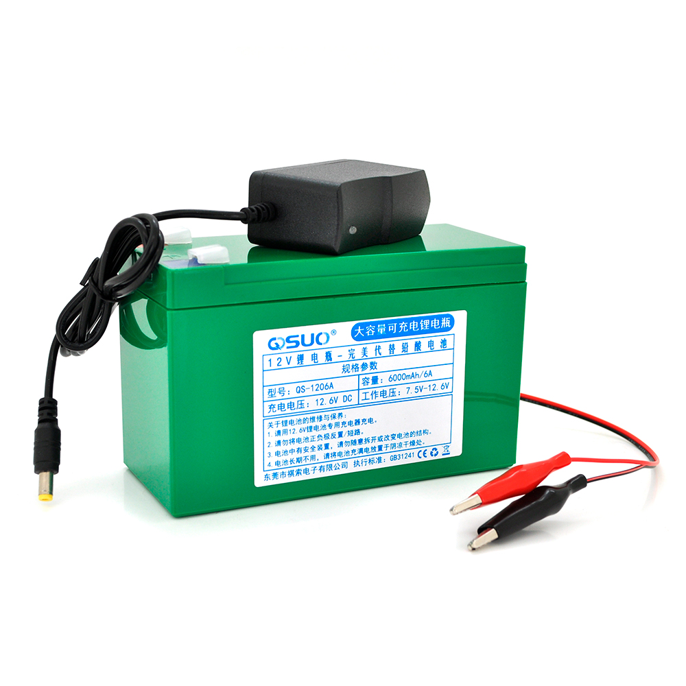 Акумуляторна батарея літієва QiSuo 12V 6A з елементами Li-ion 18650 (150X64,5X97,7) + зарядний пристрій 12.6V 1A + крокодилы